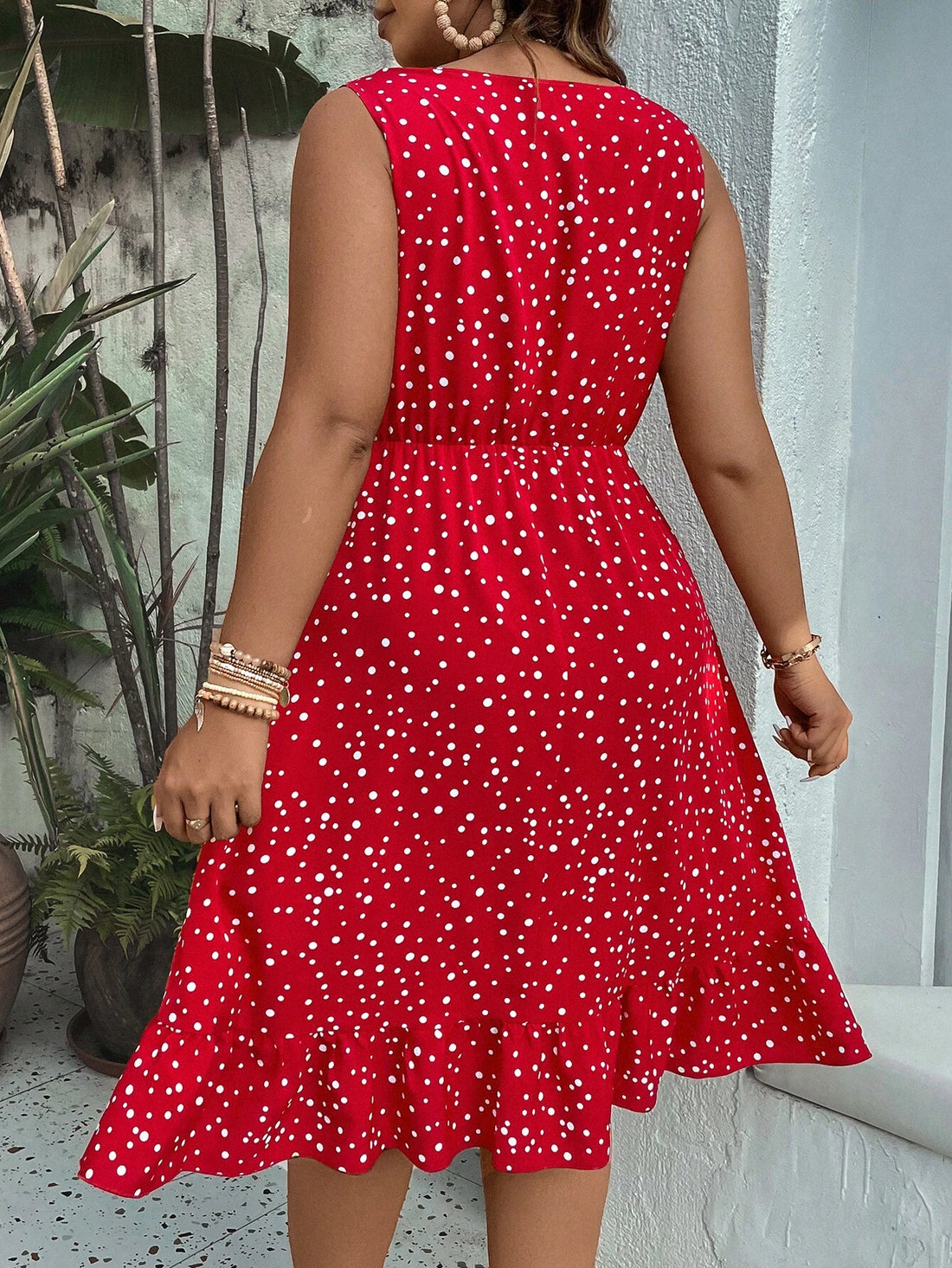 WYWH plus Polka Dot Print Ruffle Hem Dress