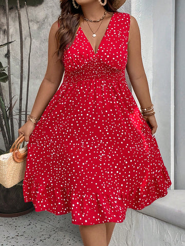 WYWH plus Polka Dot Print Ruffle Hem Dress