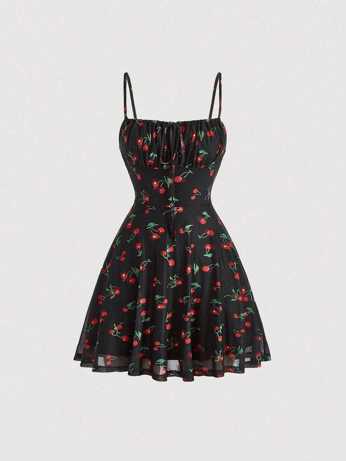 MOD Cherry Print Ruched Bust Cami Summer Pastoral Short Style Dress