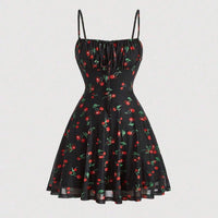 MOD Cherry Print Ruched Bust Cami Summer Pastoral Short Style Dress