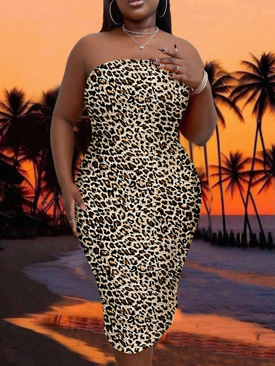 Slayr plus Size Women'S Casual Leopard Print Summer Strapless Bodycon Tube Dress