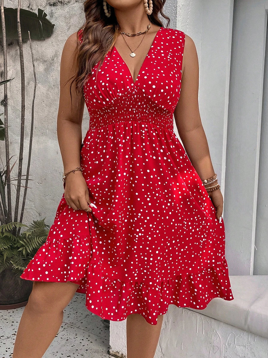 WYWH plus Polka Dot Print Ruffle Hem Dress