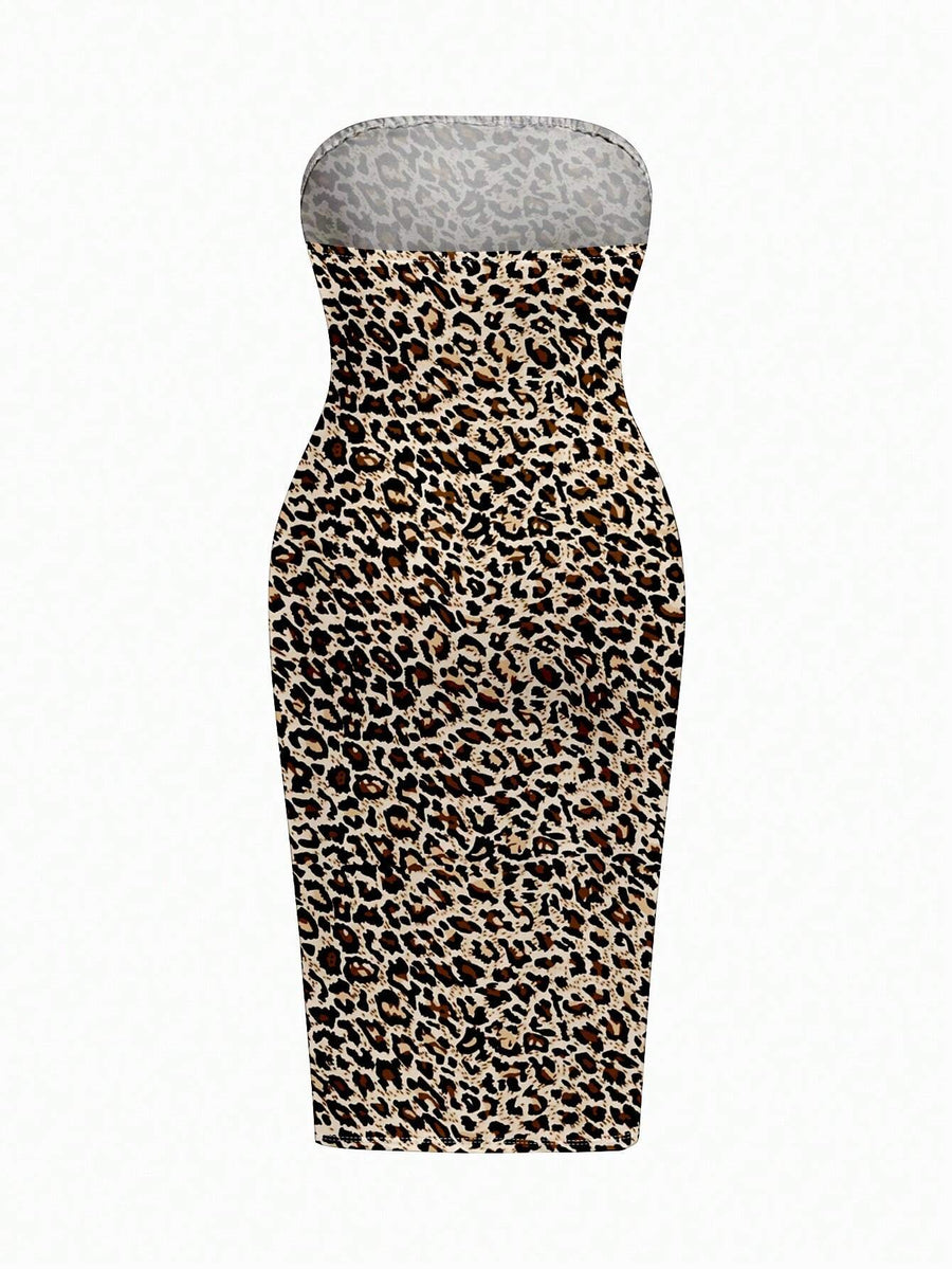 Slayr plus Size Women'S Casual Leopard Print Summer Strapless Bodycon Tube Dress