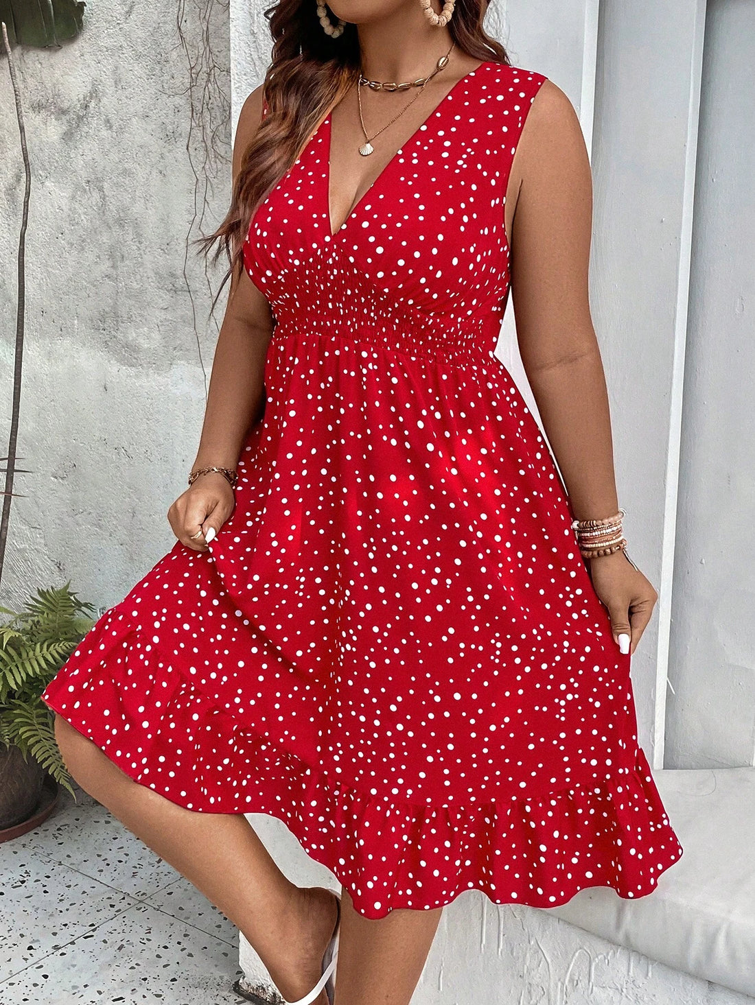 WYWH plus Polka Dot Print Ruffle Hem Dress