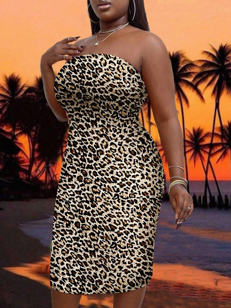 Slayr plus Size Women'S Casual Leopard Print Summer Strapless Bodycon Tube Dress