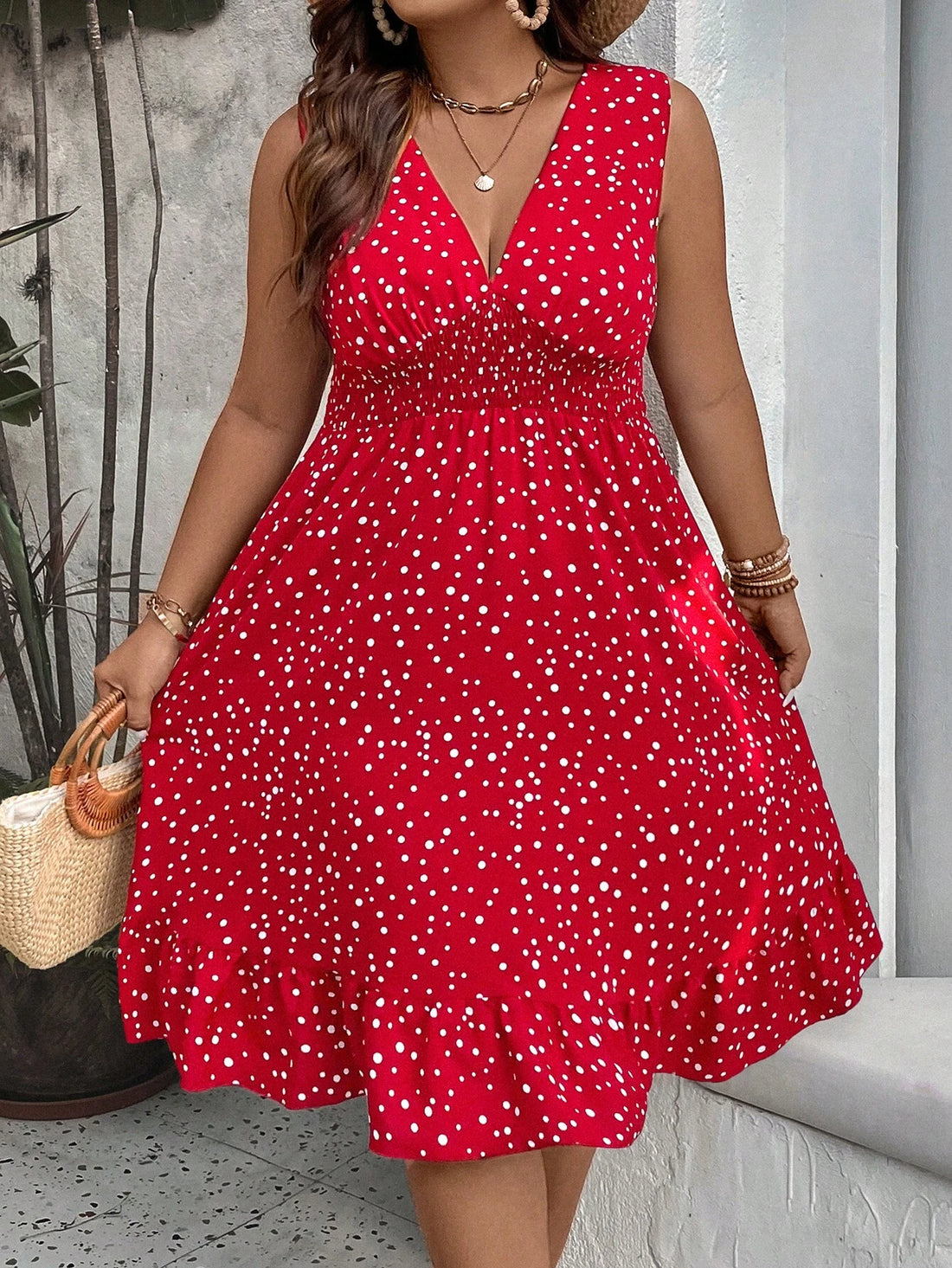 WYWH plus Polka Dot Print Ruffle Hem Dress