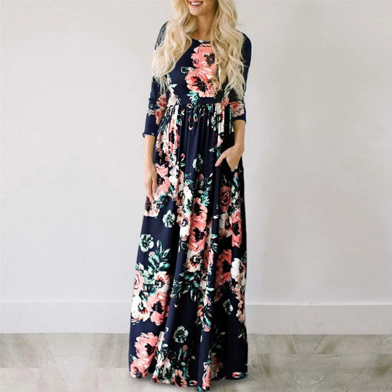 Summer Maxi Pink Floral Print Boho Beach Dress