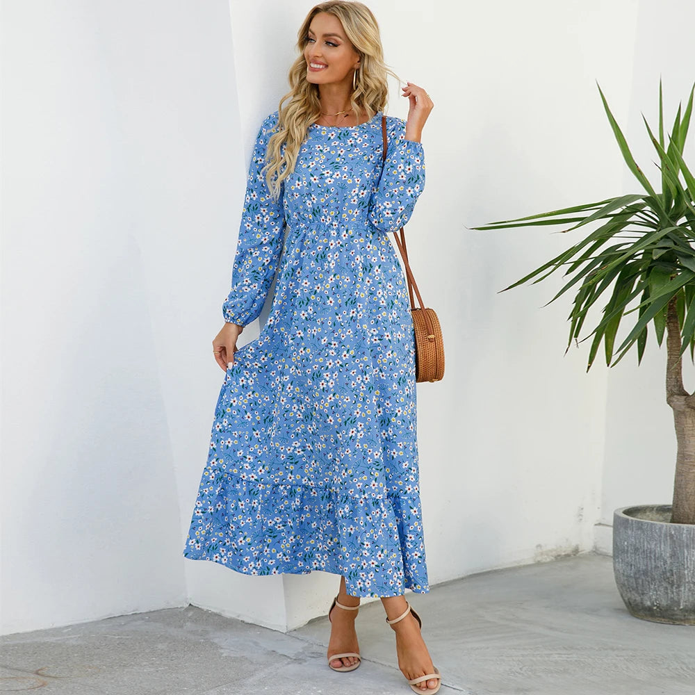 Summer Bohemian Women Maxi Casual Long Sleeve High Waist Dresses