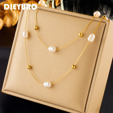 Stainless Steel Double Layer Pearl 2in1 Chains Necklace