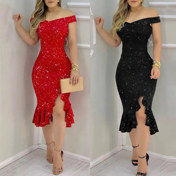 Women's Fashion Sexy Summer Off Shoulder  Short Sleeve Sequin Ruffle Irregular Dresses