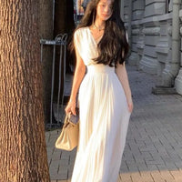 Summer Solid Pleats Long Dresses French Elegant V Neck