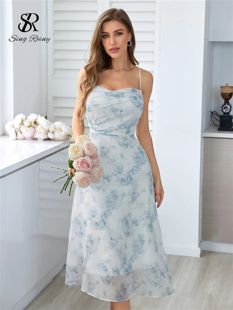 Women Floral Strap Dress Elastic  Backless Party Dress