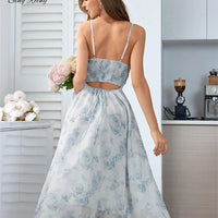 Women Floral Strap Dress Elastic  Backless Party Dress