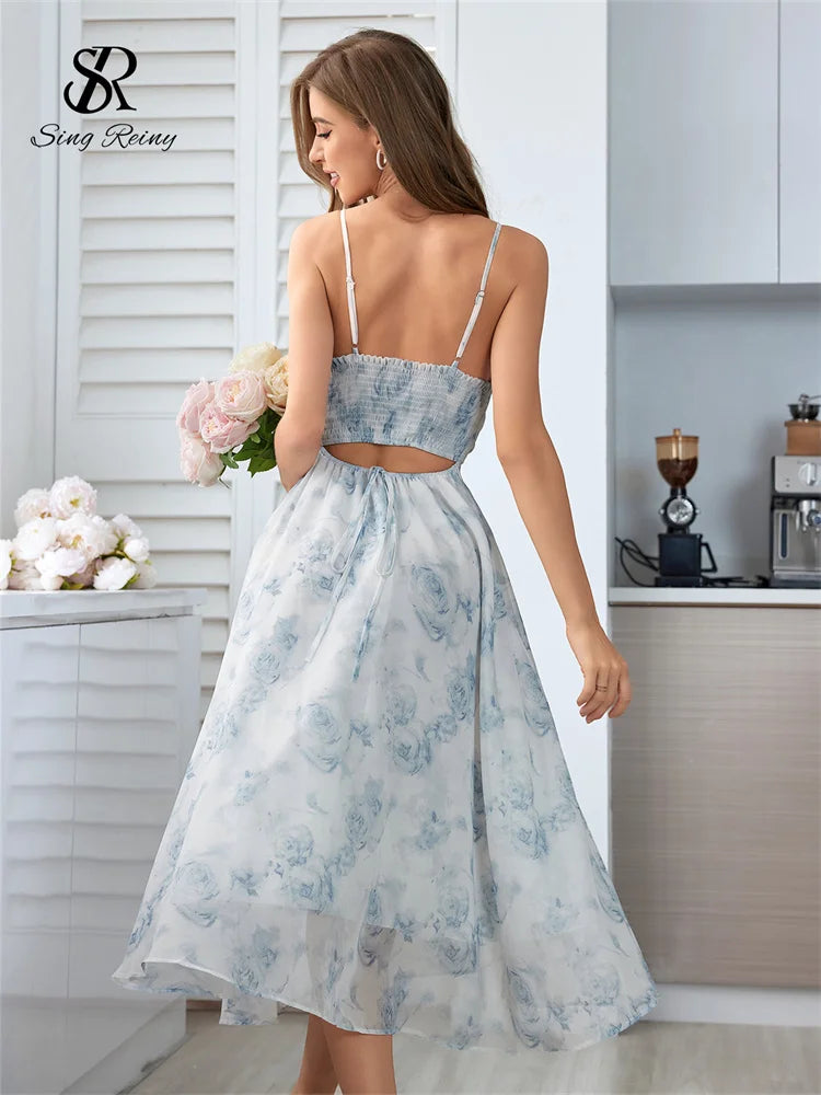 Women Floral Strap Dress Elastic  Backless Party Dress