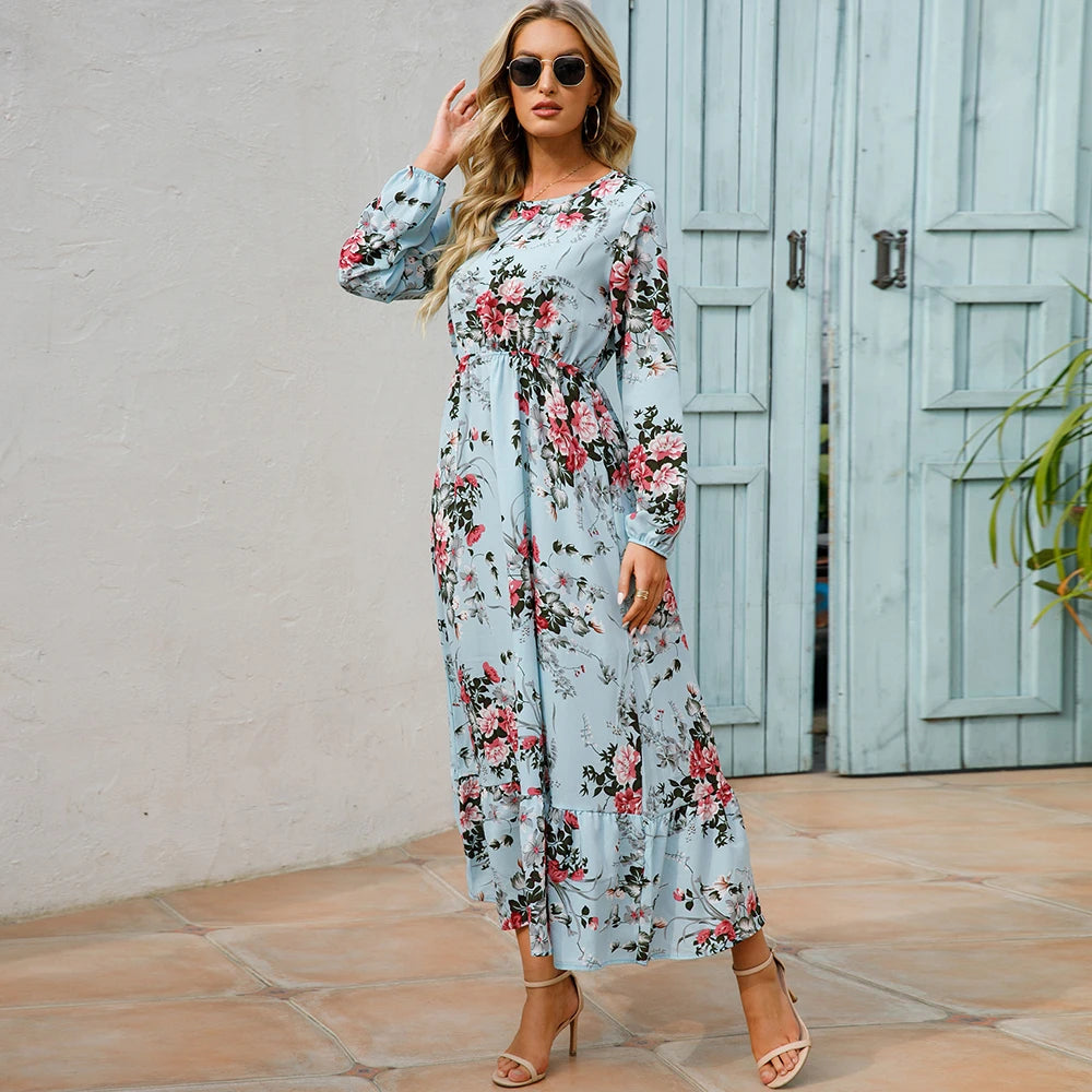 Summer Bohemian Women Maxi Casual Long Sleeve High Waist Dresses