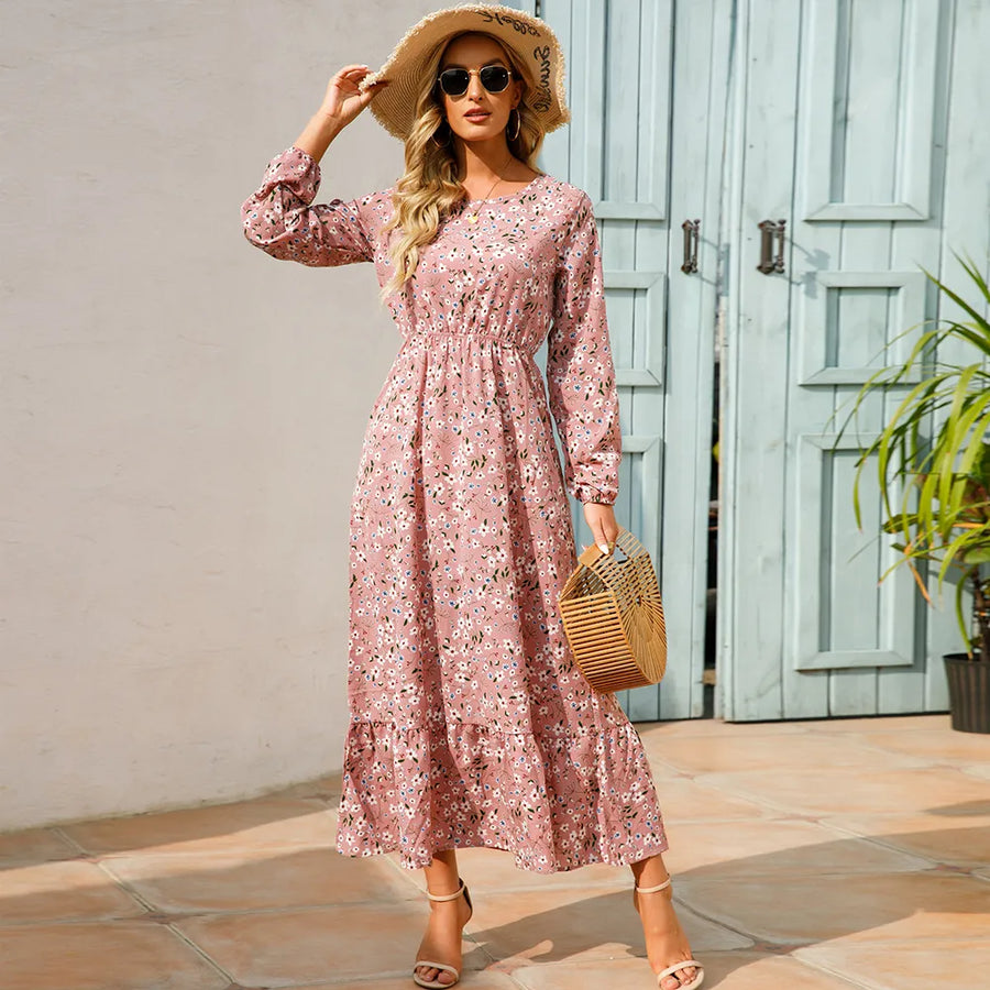 Summer Bohemian Women Maxi Casual Long Sleeve High Waist Dresses