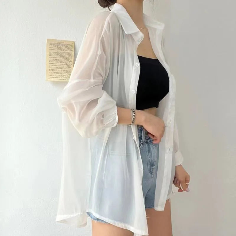 8 Colors Shirts Women Sheer Thin Chic Summer Simple Solid Sun-proof Temper