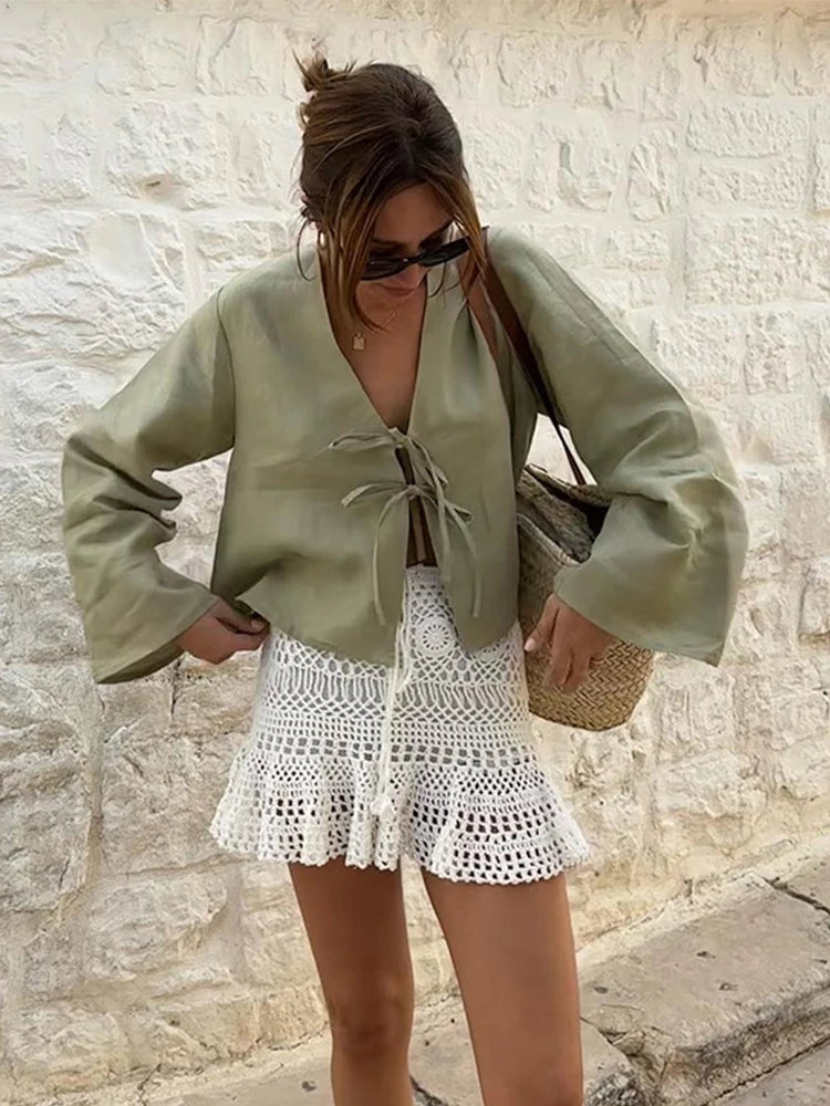 Cotton Linen Lace Up Bow Shirts Women Loose Hollow Out V Neck Long Sleeve Tops