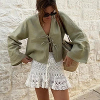 Cotton Linen Lace Up Bow Shirts Women Loose Hollow Out V Neck Long Sleeve Tops