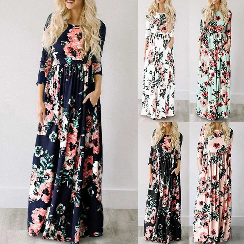 Summer Maxi Pink Floral Print Boho Beach Dress