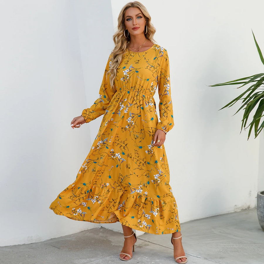 Summer Bohemian Women Maxi Casual Long Sleeve High Waist Dresses