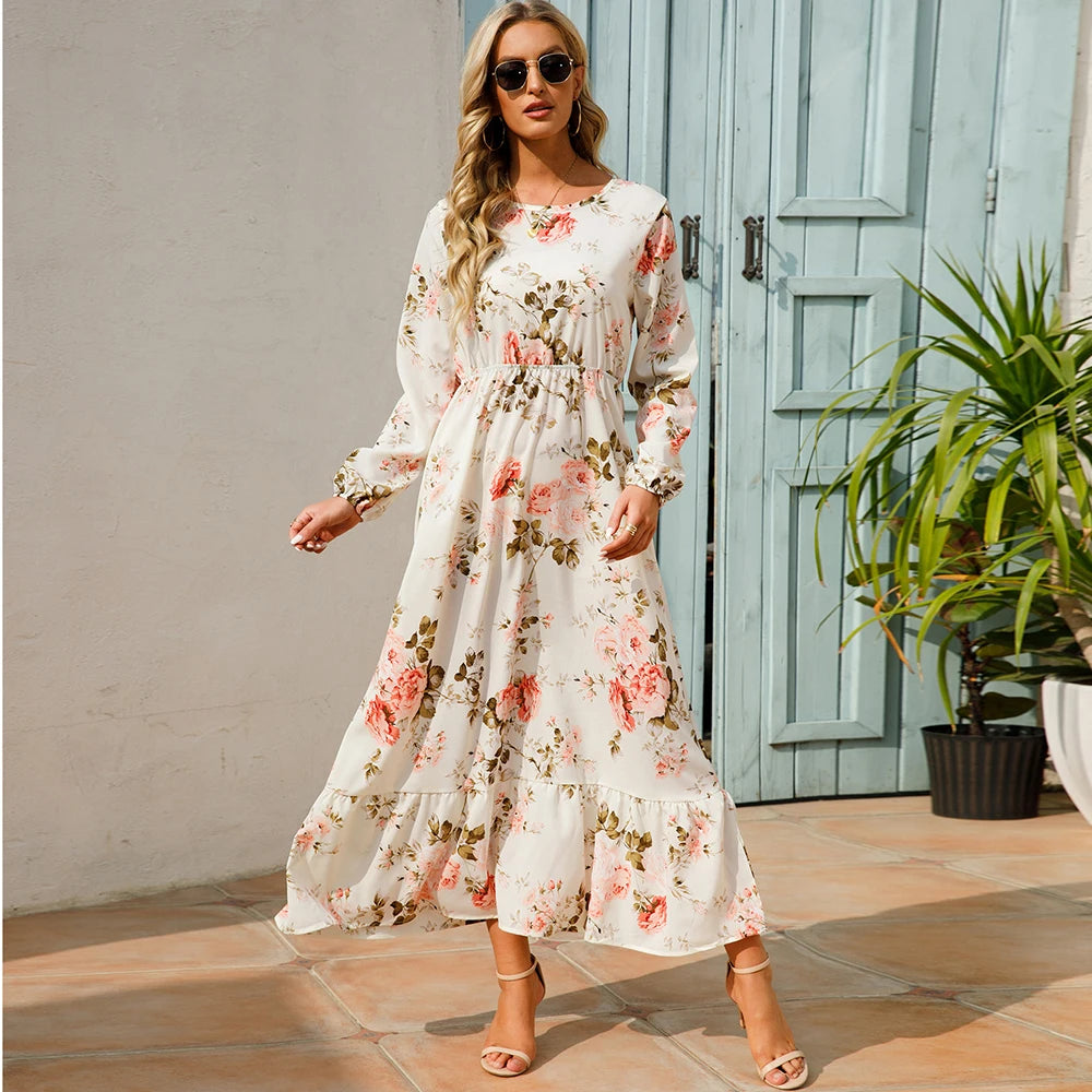 Summer Bohemian Women Maxi Casual Long Sleeve High Waist Dresses