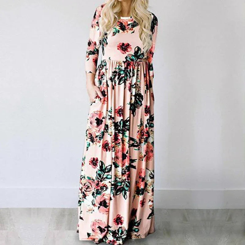 Summer Maxi Pink Floral Print Boho Beach Dress