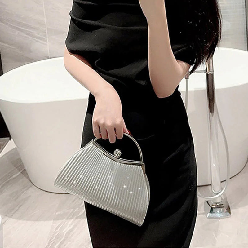 Pleated Evening Handbag Women Top Handle Glitter Clutch Ladies