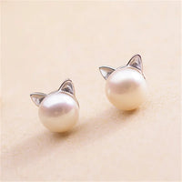 Fashion Earings Jewelry Silver Color Small Pearl Cat Stud