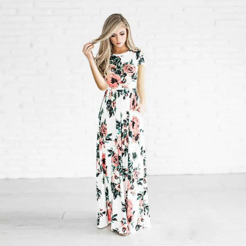 Summer Maxi Pink Floral Print Boho Beach Dress