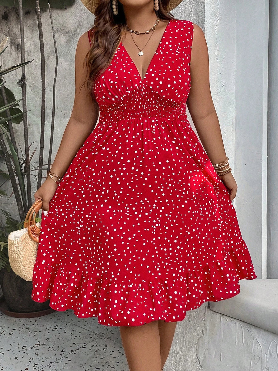 WYWH plus Polka Dot Print Ruffle Hem Dress