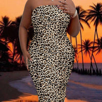 Slayr plus Size Women'S Casual Leopard Print Summer Strapless Bodycon Tube Dress